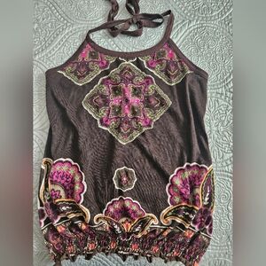 Brown embellished halter tank top. MEDIUM
